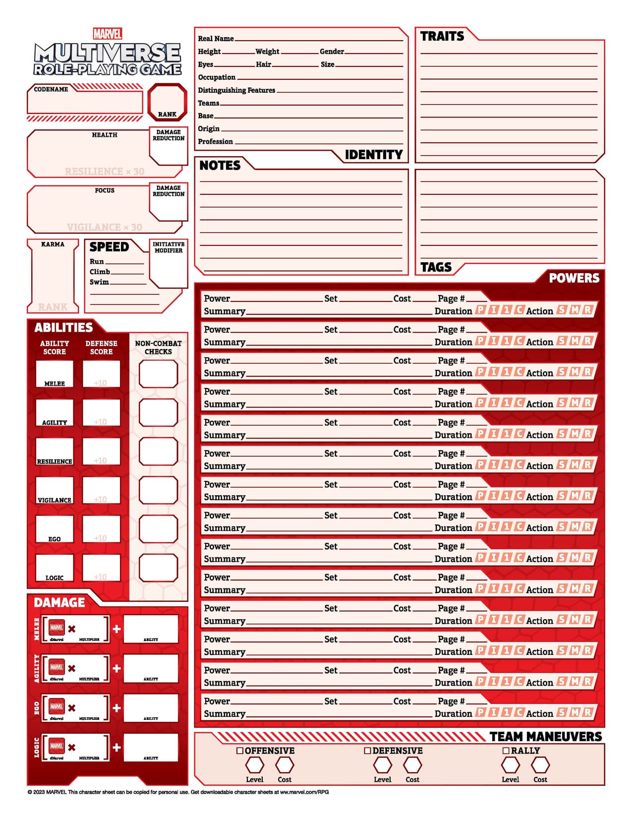 Marvel Multiverse Role-Playing Game Character Sheet Page 1