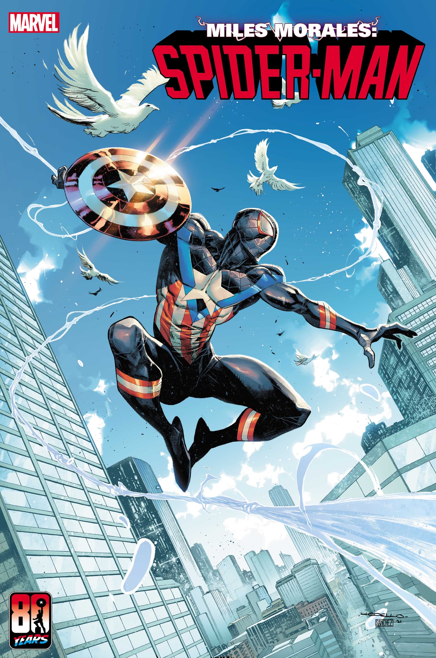 MILES MORALES: SPIDER-MAN #28 CAPTAIN AMERICA 80TH VARIANT COVER by IBAN COELLO & ALEJANDRO SÀNCHEZ