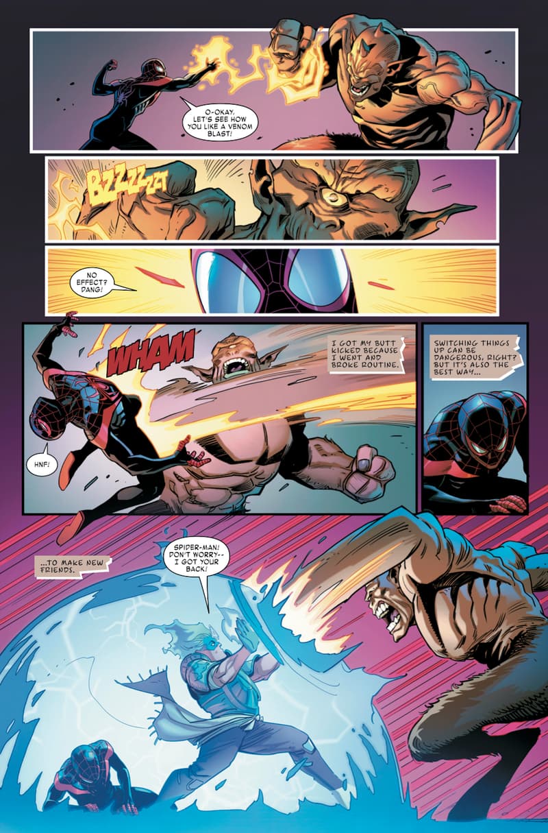 MILES MORALES: SPIDER-MAN ANNUAL #1 art by Luca Maresca, colors by Fernando Sifuentes of Protobunker, and letters by VC's Cory Petit