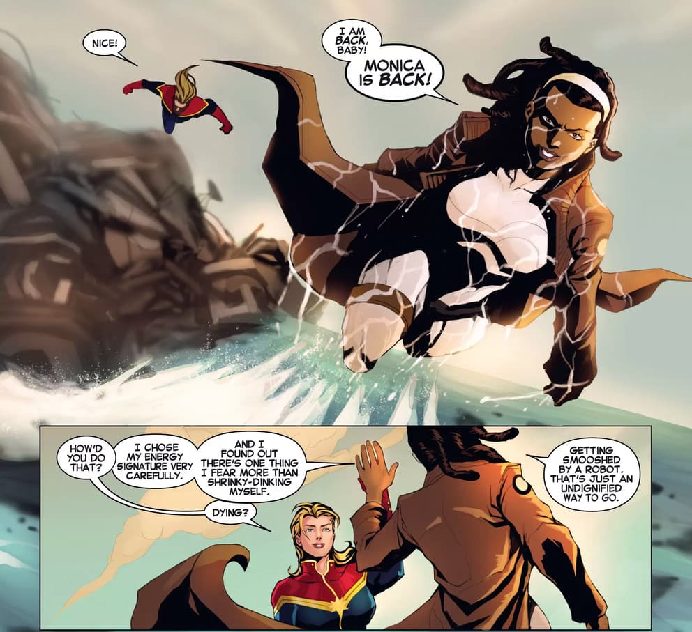 Monica and Carol hash out their shared history of the “Captain Marvel” codename in CAPTAIN MARVEL (2012) #7.