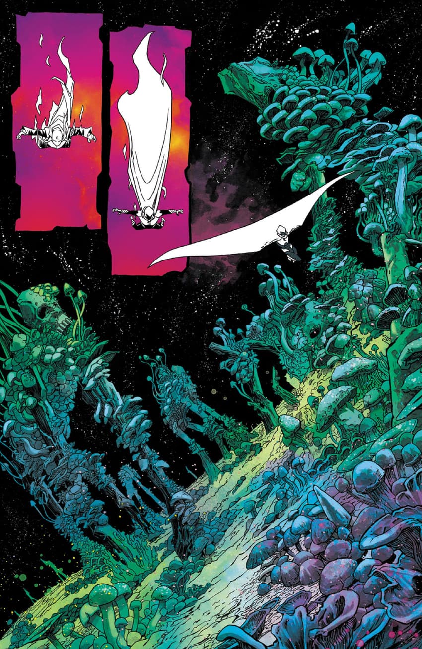 The “mushroom graveyard planet” in MOON KNIGHT (2014) #4.