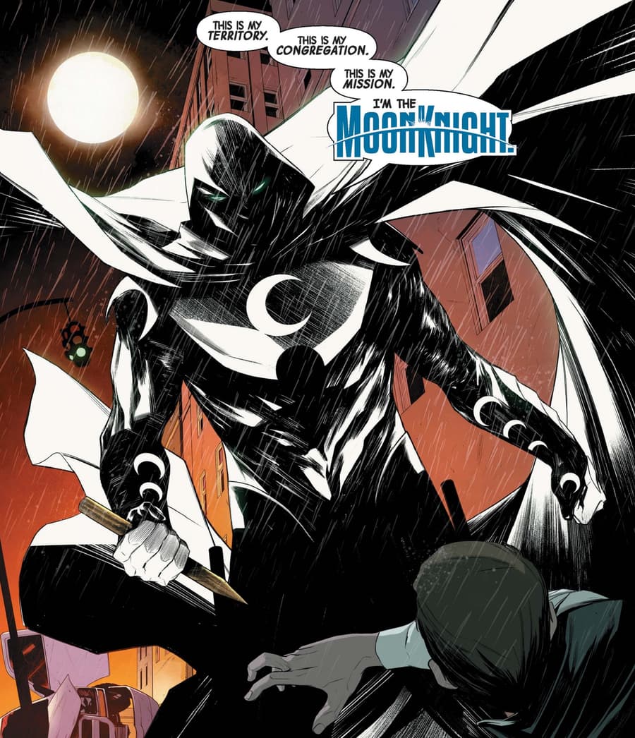 Moon Knight protects those who wander at night in MOON KNIGHT (2021) #1.