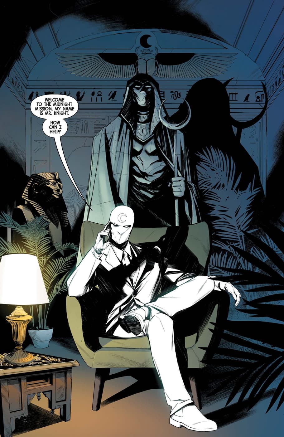 Mr. Knight presides over the Midnight Mission in MOON KNIGHT (2021) #1.