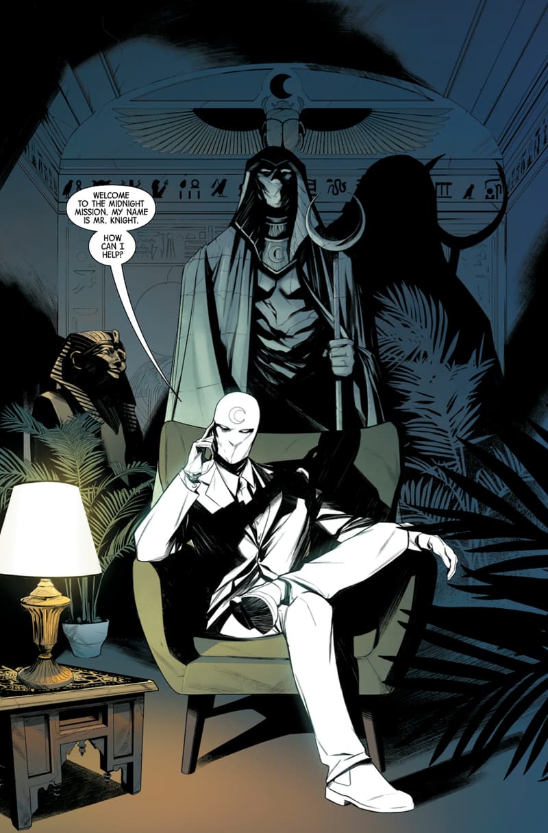 MOON KNIGHT #1 preview pages by Alessandro Cappuccio with colors by Rachelle Rosenberg and letters by VC's Cory Petit