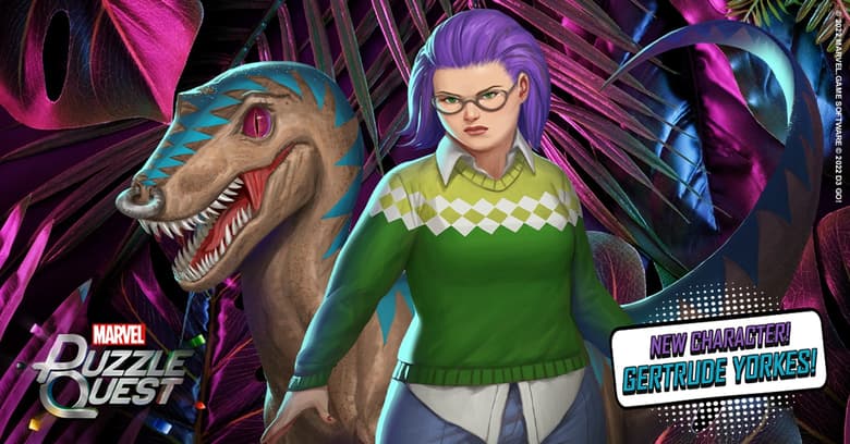 Gertrude Yorkes and her trusty dinosaur Old Lace arrive in Marvel Puzzle Quest