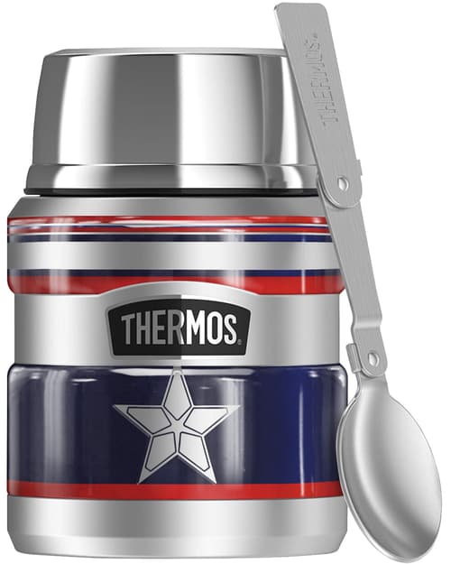 <a href=https://www.amazon.com/Soldier-THERMOS-STAINLESS-Stainless-insulated/dp/B08ZJRM1SS>Shield Stainless Steel Food Jar with Folding Spoon, Vacuum insulated & Double Wall, 16oz</a> / Amazon