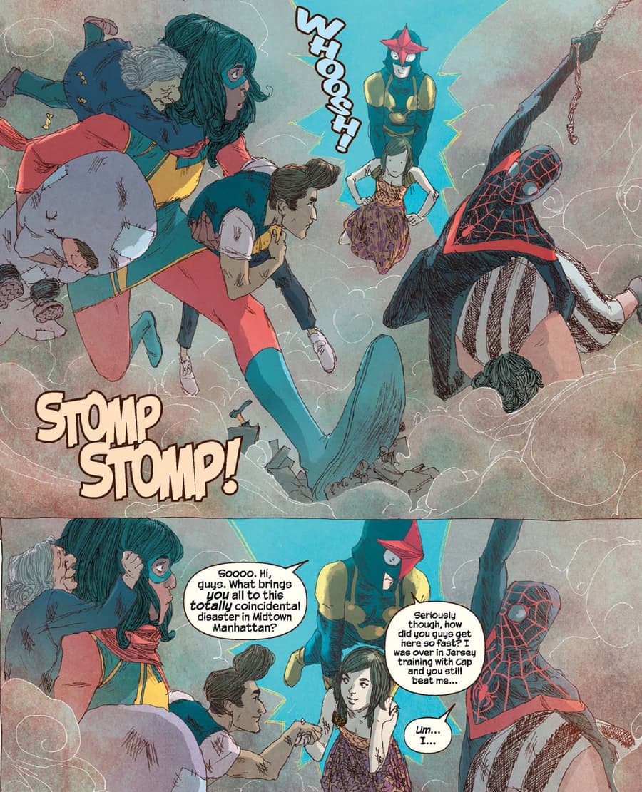 A teen trio of heroes team-up in MS. MARVEL (2015) #7.