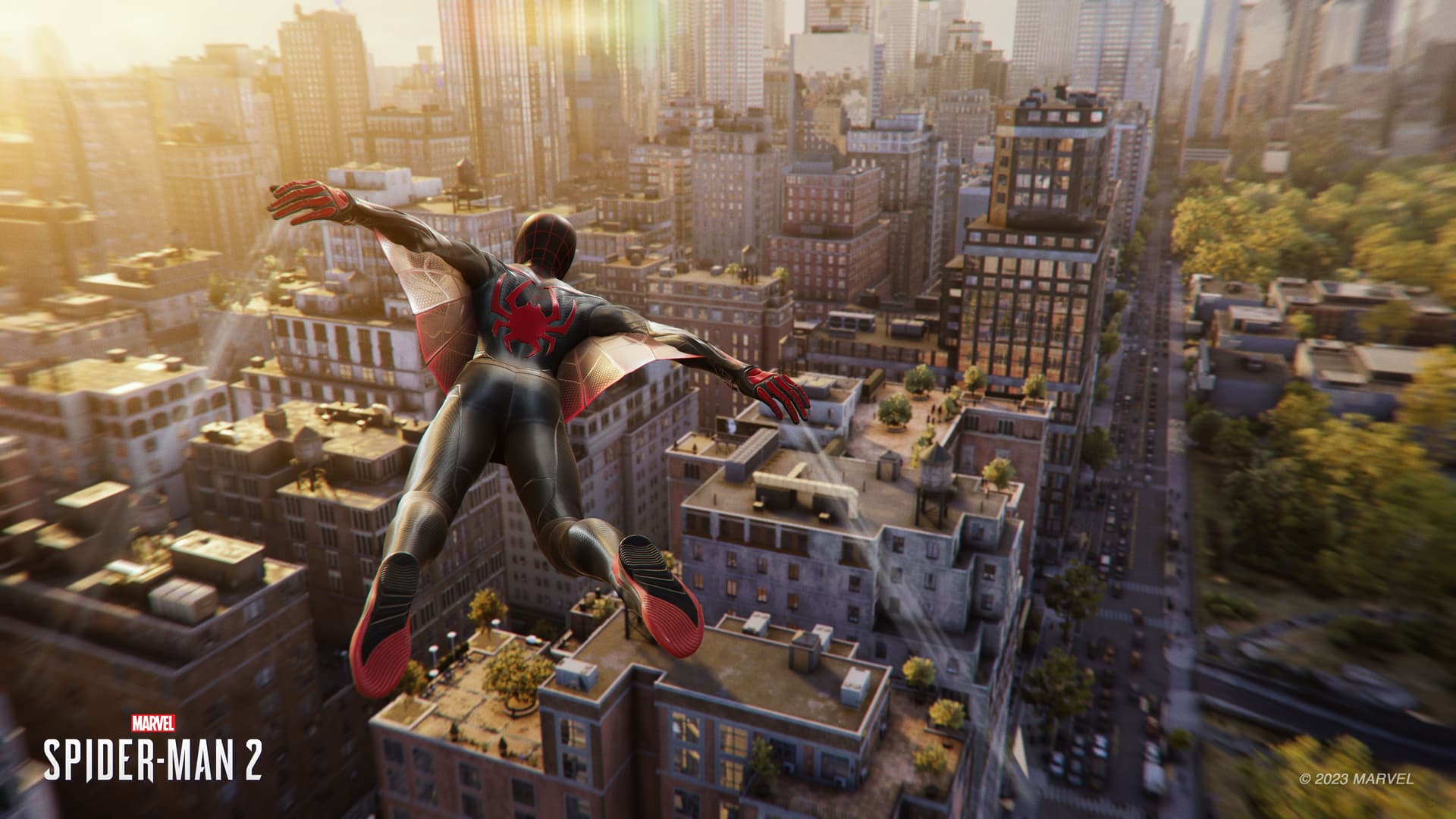 Miles Morales uses his Web Wings to glide over Marvel's New York in 'Marvel's Spider-Man 2'