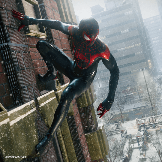 Marvel's Spider-Man: Miles Morales PC Launch Miles Perched on Building Wall