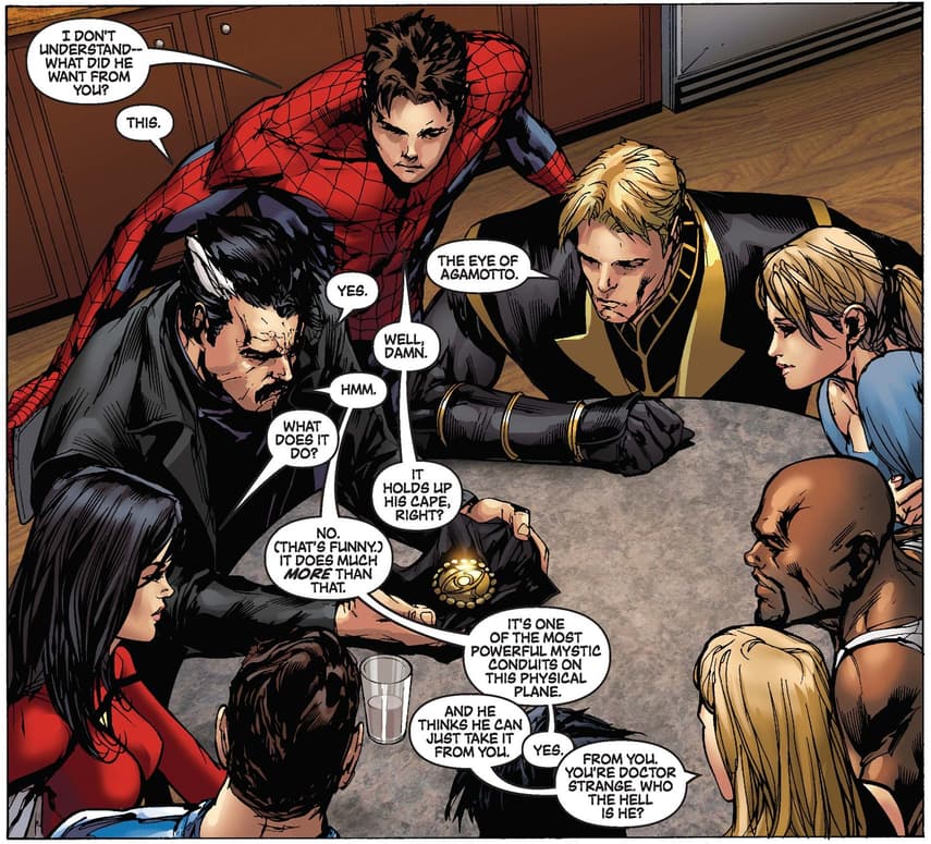 Strange lays out the scenario for the New Avengers, plus Spider-Man.