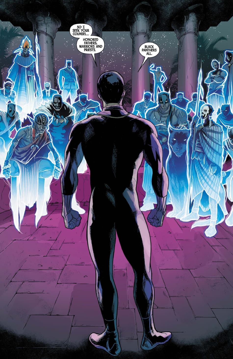 T’Challa meets with a long line of Black Panthers in NEW AVENGERS (2013) #18.