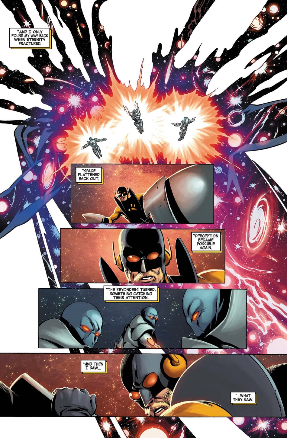 The splitting of Eternity in NEW AVENGERS (2013) #30.