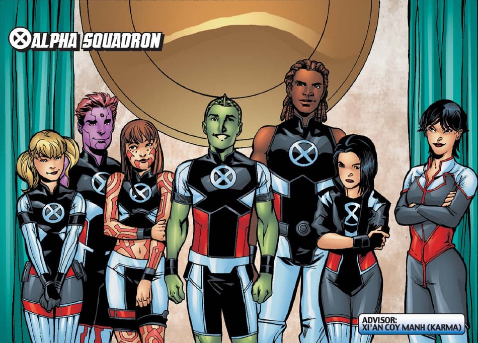 Karma pictured next to her Alpha Squadron students in NEW X-MEN: ACADEMY X YEARBOOK SPECIAL (2005) #1. 