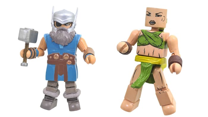 Marvel Minimates Odin with Iron Fist, with the hammer Mjolnir for Odin and flame-hand accessories for Iron Fist