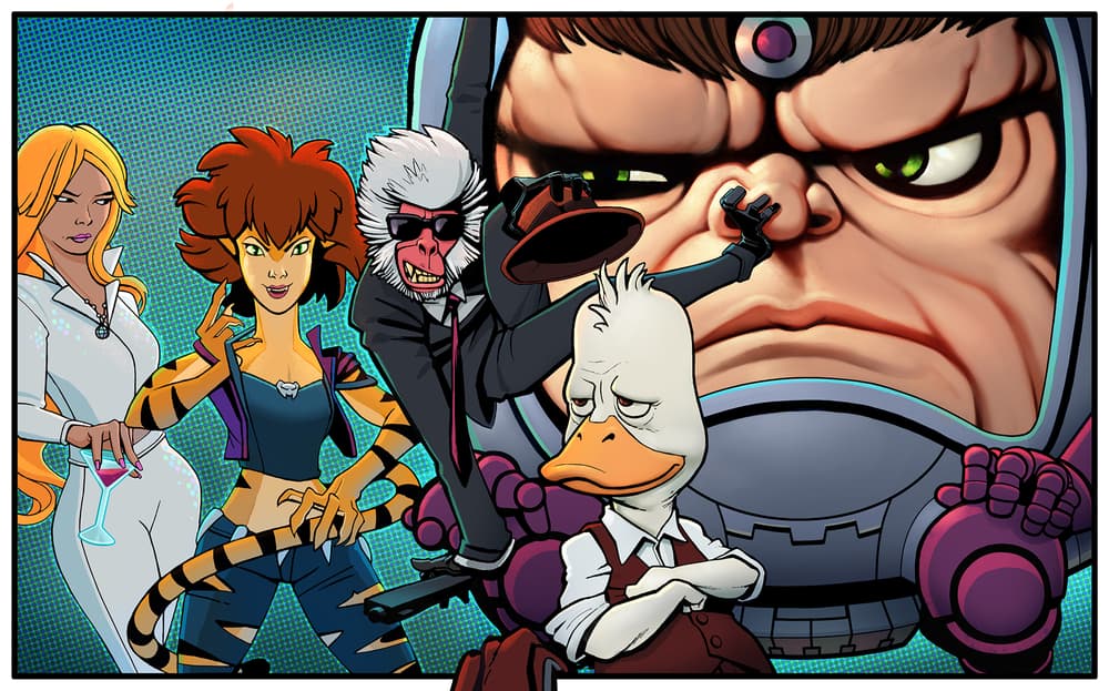 Imagery for “Marvel’s M.O.D.O.K.,” “Marvel’s Hit Monkey,” “Marvel’s Tigra & Dazzler Show,” and “Marvel’s Howard the Duck," who will all team up in "Marvel's The Offenders" 