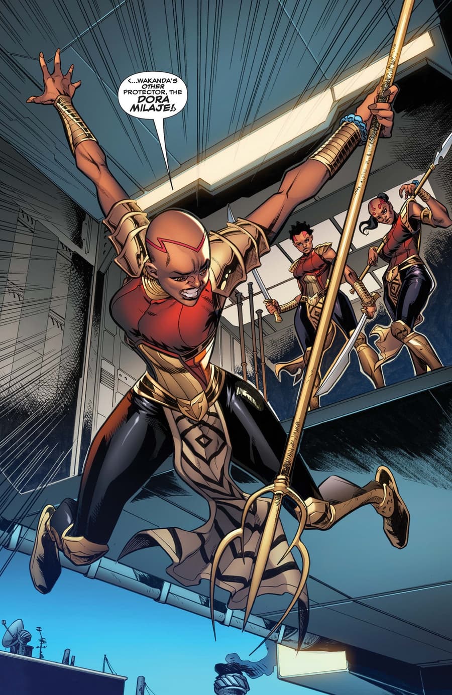 Okoye leads her warriors into action in AMAZING SPIDER-MAN: WAKANDA FOREVER (2018) #1.