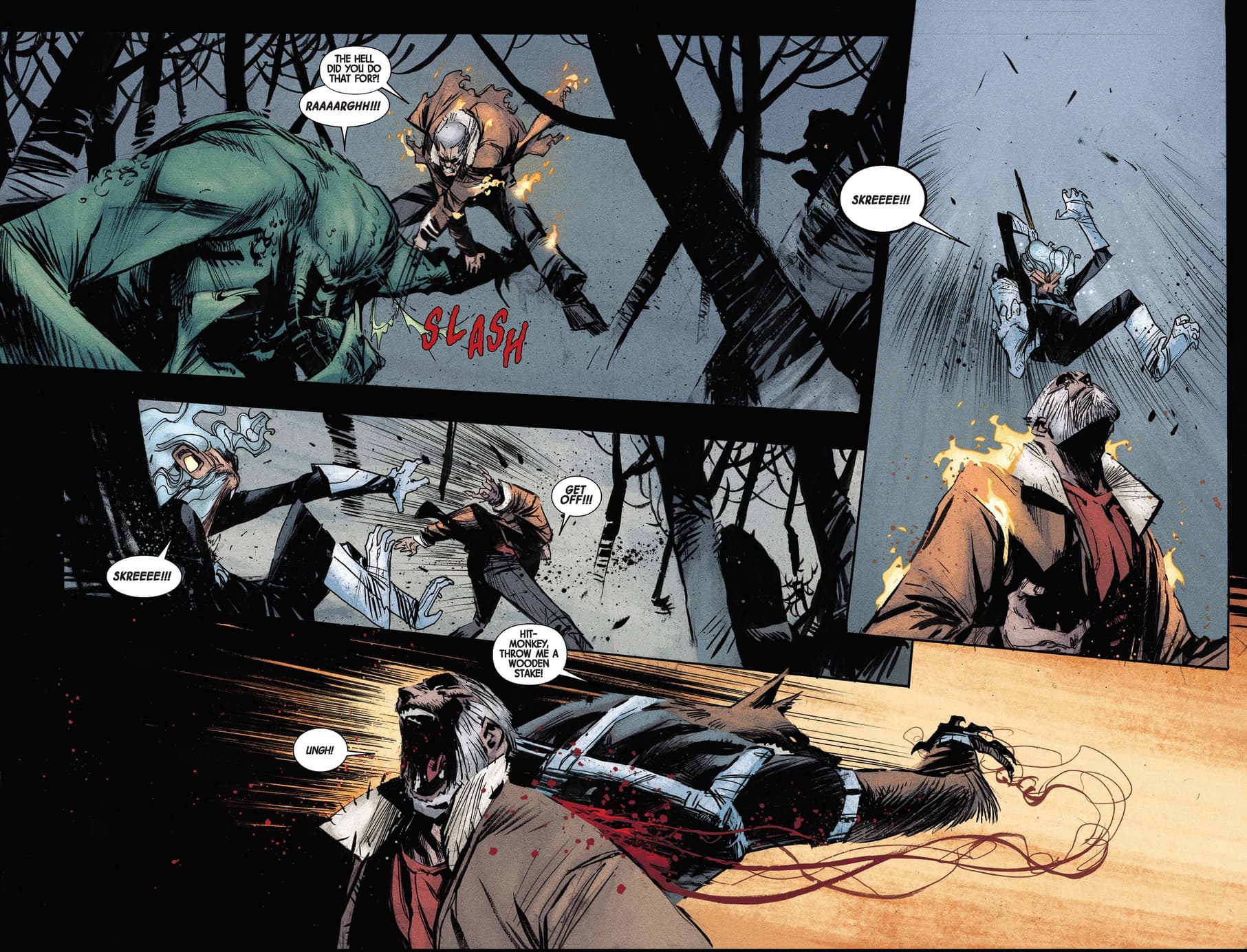 Hit-Monkey attacks Wolverine in Old Man Logan (2016) #14.