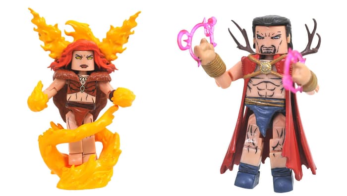 Marvel Minimates Phoenix with Agamotto, with alternate flame hair, flame-hands and fiery base for Phoenix and spell-casting hands for Agamotto