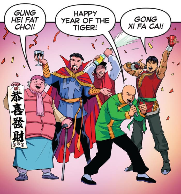 Wong, Doctor Strange, Shang-Chi and their new friends celebrate Lunar New Year.