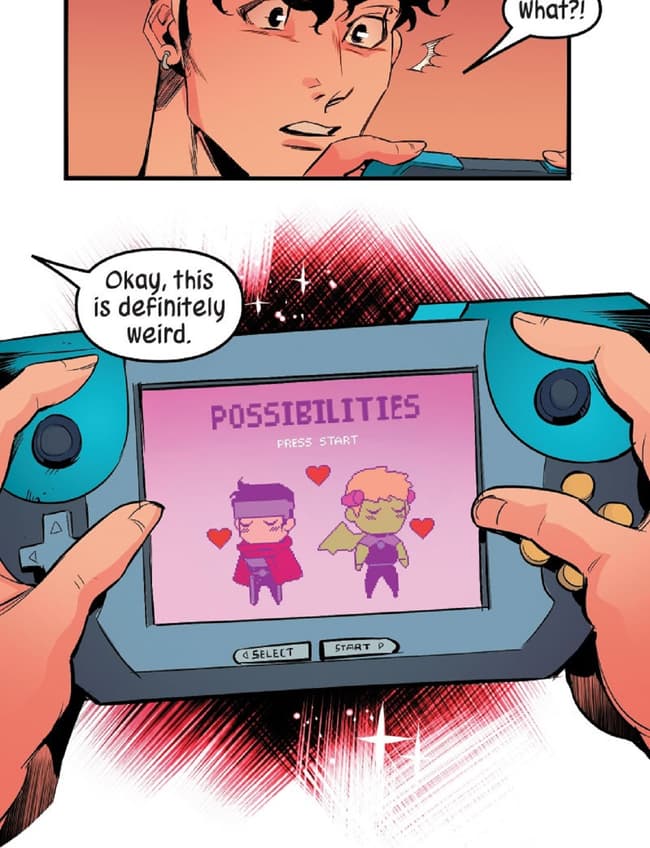 Wiccan picks up a handheld console.