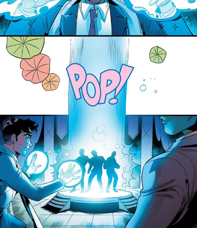 Wiccan teleports he and Hulkling to a dinner party.
