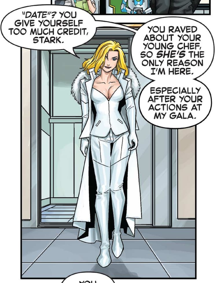 Emma Frost enters for dinner.