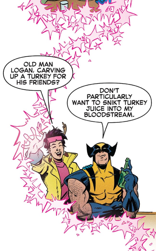 Jubilee gets Wolverine into the holiday mindset.