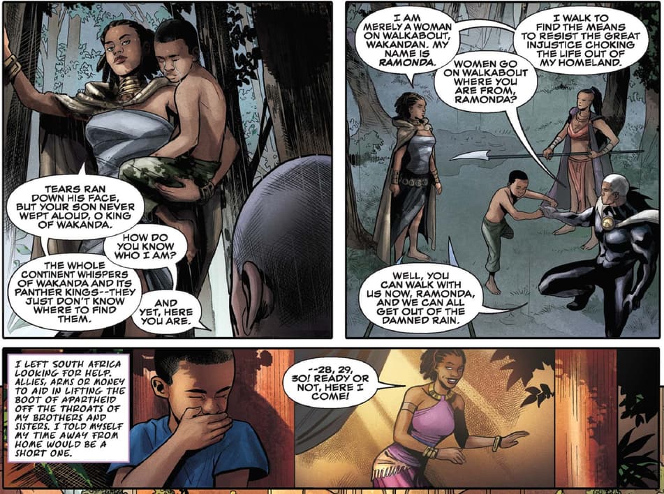 Ramonda and T’Challa’s first meeting in RISE OF THE BLACK PANTHER (2018) #1.