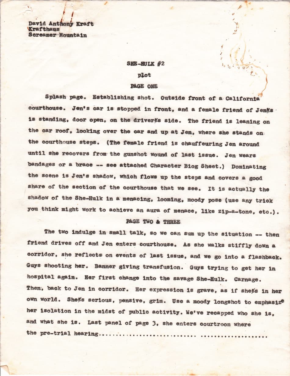 David Anthony Kraft’s early plot draft from SAVAGE SHE-HULK (1980) #2.