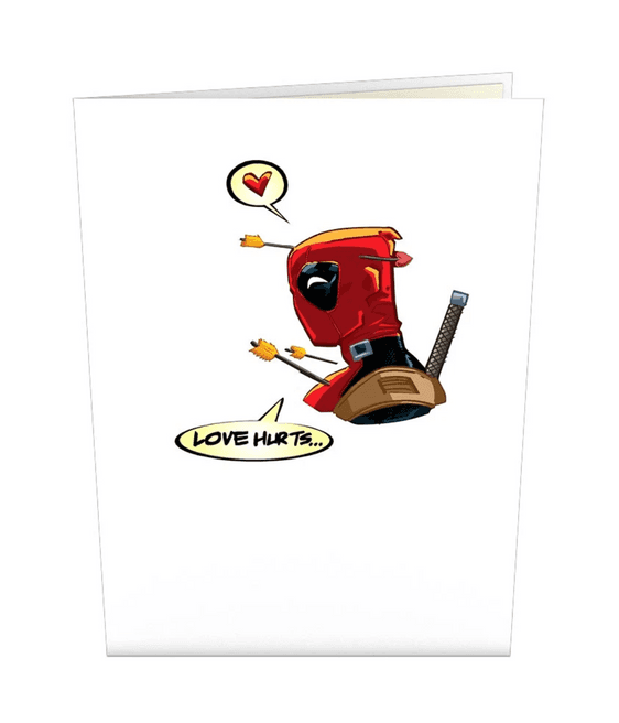 <a href="https://www.lovepopcards.com/products/marvels-deadpool-love-hurts-pop-up-card"> Deadpool: Love Hurts 3D card </a> / Love Pop