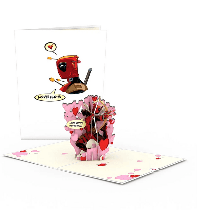 <a href="https://www.lovepopcards.com/products/marvels-deadpool-love-hurts-pop-up-card"> Deadpool: Love Hurts 3D card </a> / Love Pop