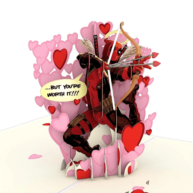 <a href="https://www.lovepopcards.com/products/marvels-deadpool-love-hurts-pop-up-card"> Deadpool: Love Hurts 3D card </a> / Love Pop