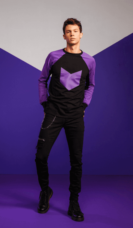 Our Universe Hawkeye Long Sleeve Tee / shop it <a href=https://www.hottopic.com/product/our-universe-marvel-hawkeye-purple-suit-long-sleeve-t-shirt/16050940.html>here</a>