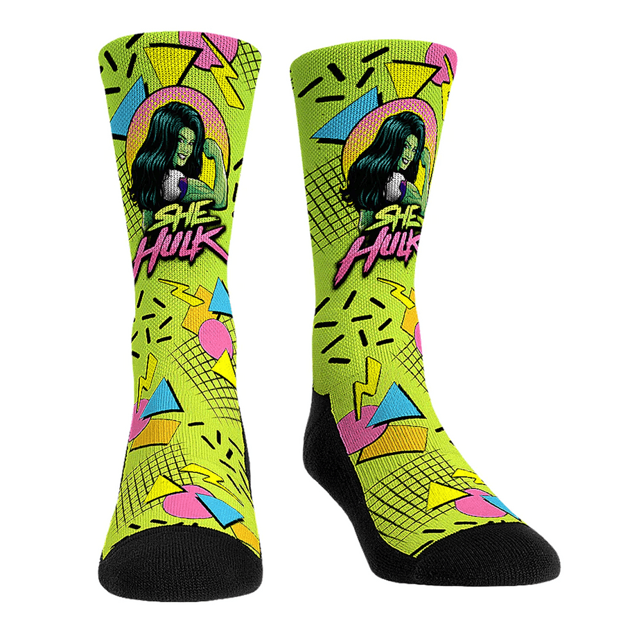 She-Hulk throwback socks / shop it <a href=https://rockemsocks.com/products/she-hulk-throwback-all-over>here</a>