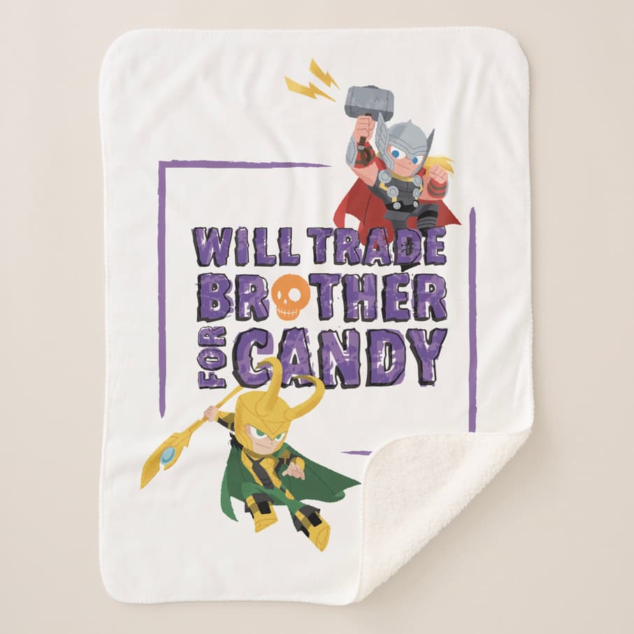 Thor and Loki Halloween blanket / shop it <a href=https://www.zazzle.com/avengers_classics_thor_loki_halloween_candy_sherpa_blanket-256656364103556799>here</a>