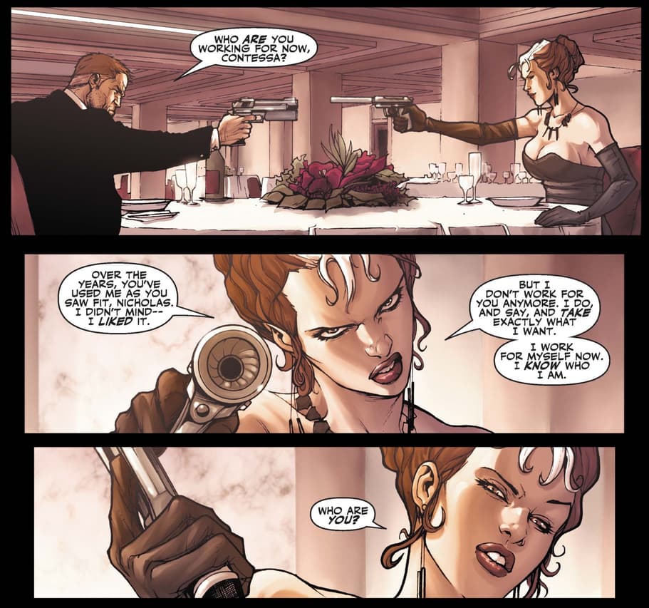 Valentina asserts her freelance status to Nick Fury.