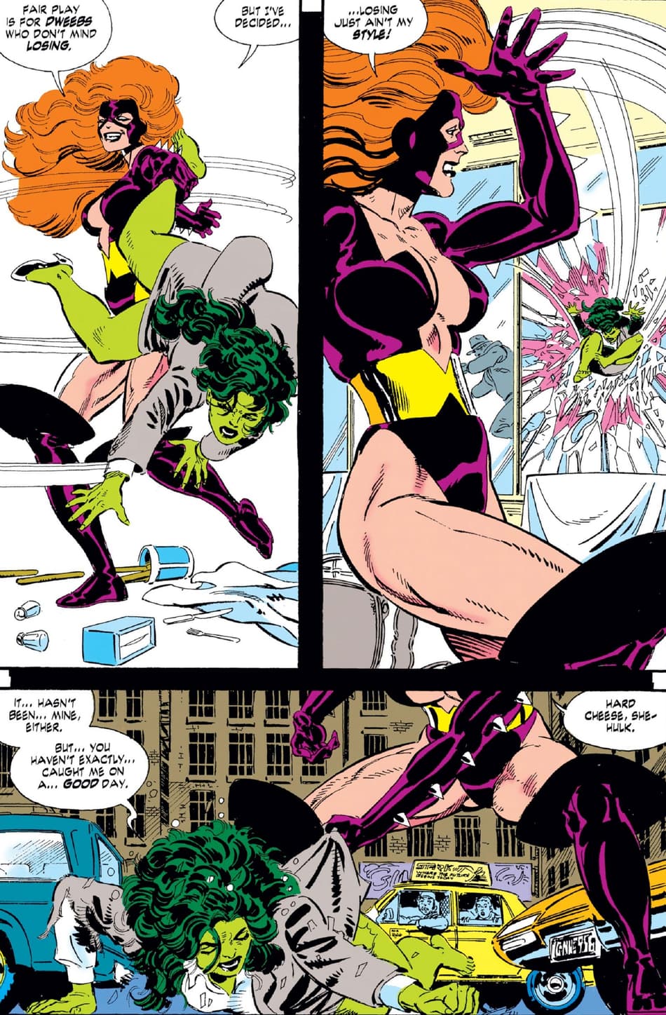 Titania takes on a weakened She-Hulk in SENSATIONAL SHE-HULK (1989) #49.