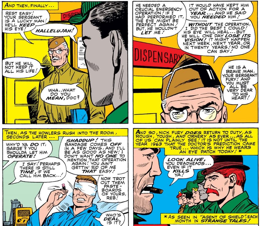 Fury’s injury—and eyepatch—explained in SGT. FURY (1963) #27.