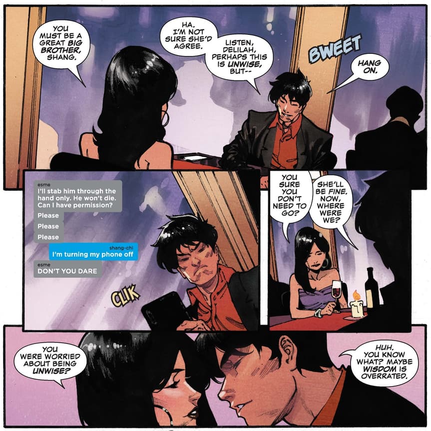Shang-Chi on a dinner date with Delilah.