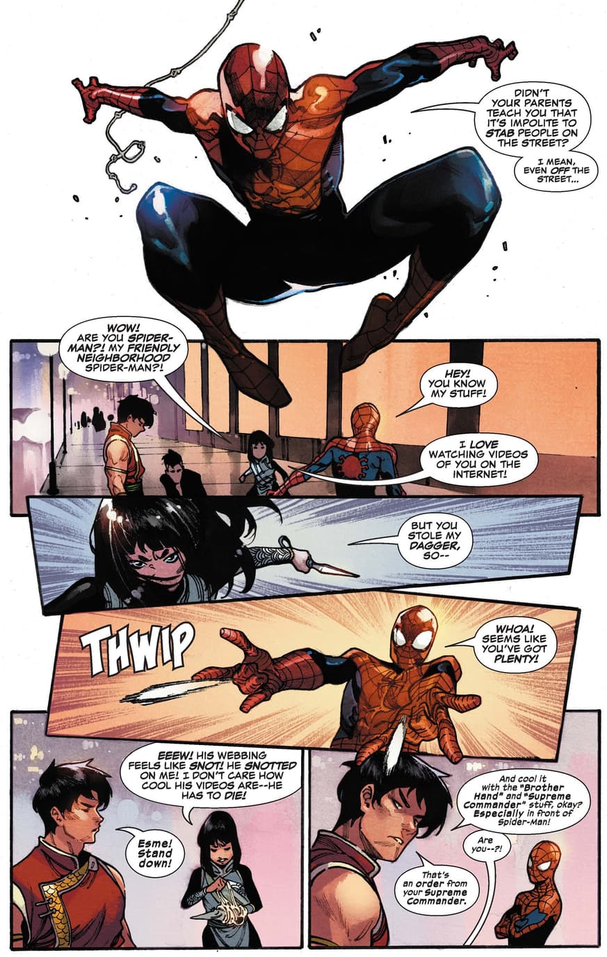 Spider-Man and Deadly Dagger confront each other.