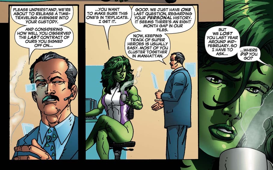 Mobius questions She-Hulk on a time lapse in SHE-HULK (2005) #4.