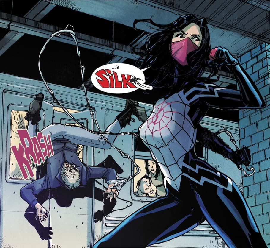 Silk tells a criminal her name in her first issue from 2021.
