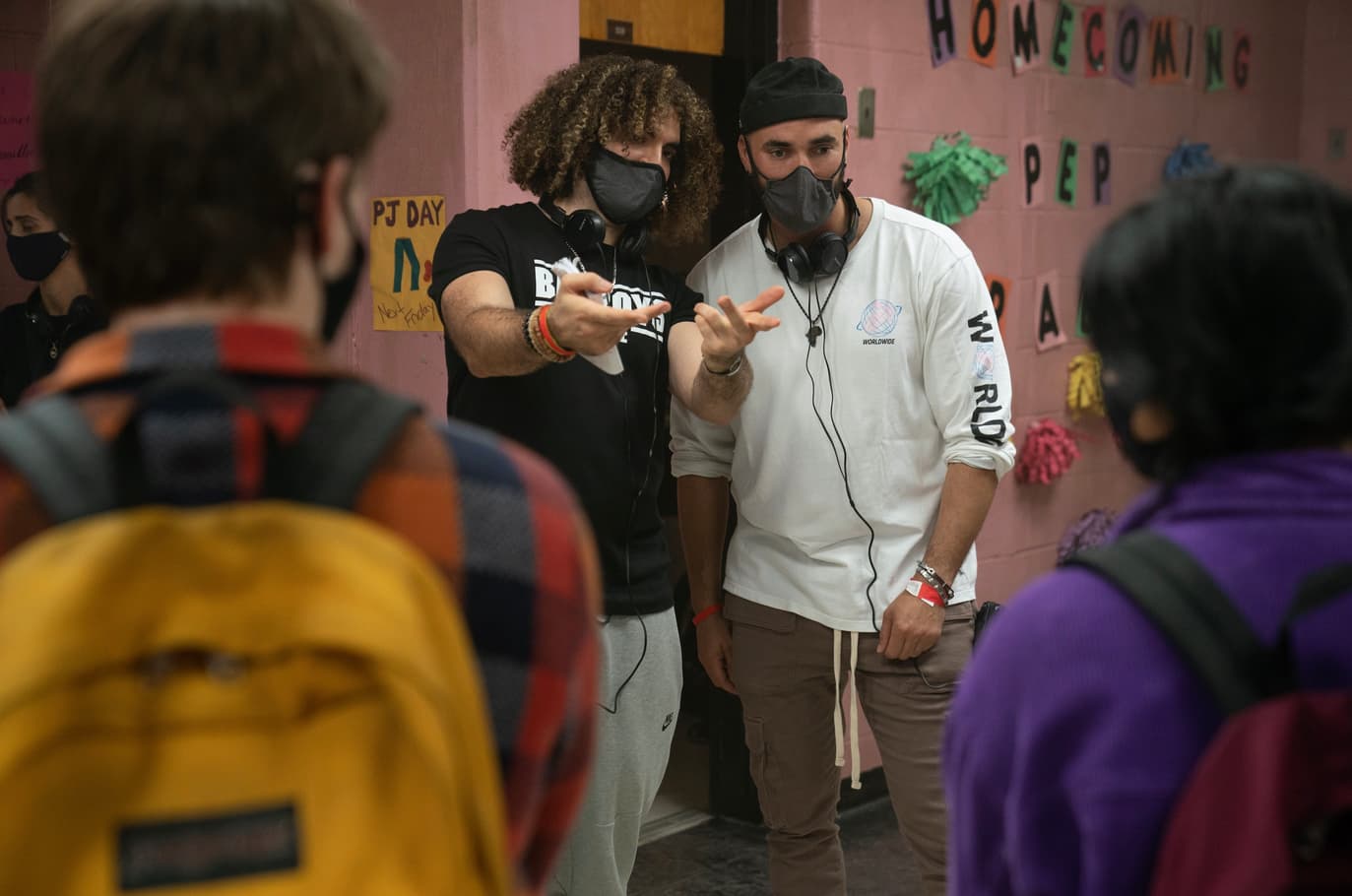 Directors Bilall Fallah and Adil El Arbi, with Matt Lintz and Iman Vellani