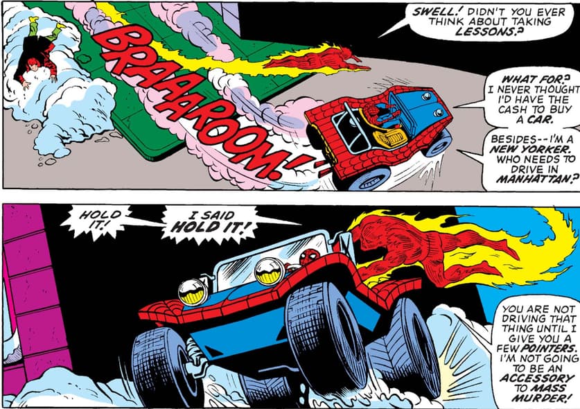 Human Torch teaches Spidey how to drive the Spider Mobile