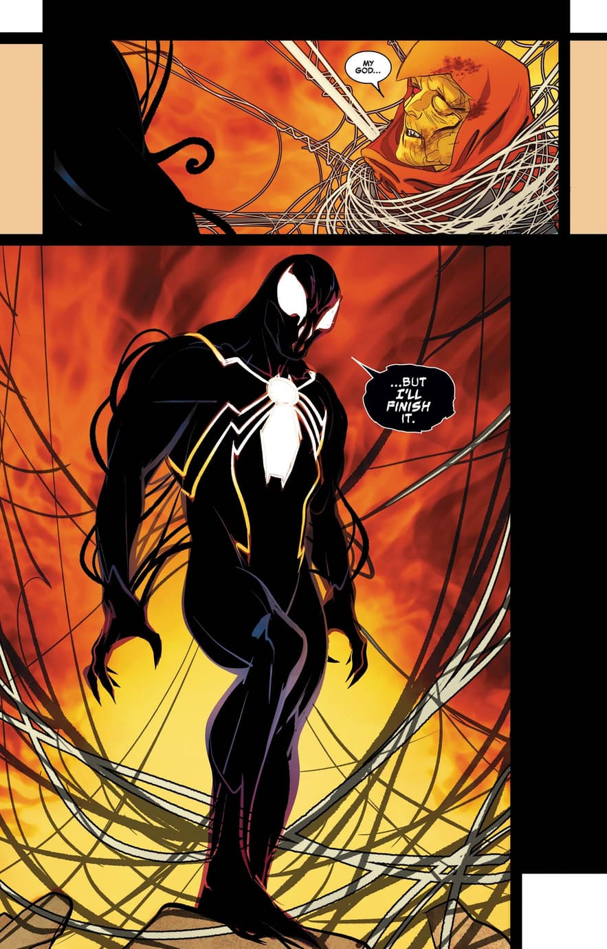 A black suited Spider-Man menaces Hobgoblin.