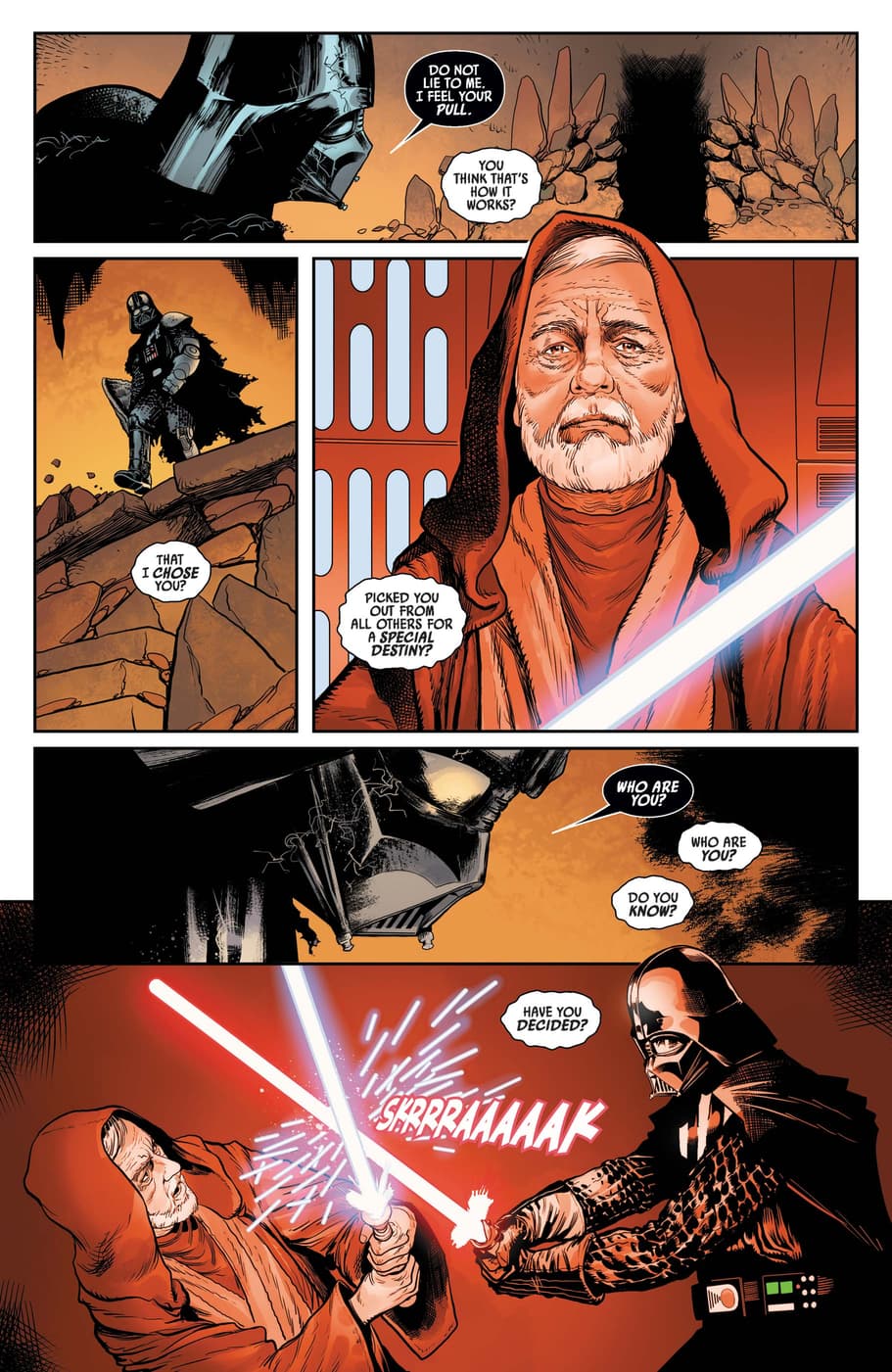 Darth Vader strikes down Obi-Wan Kenobi.