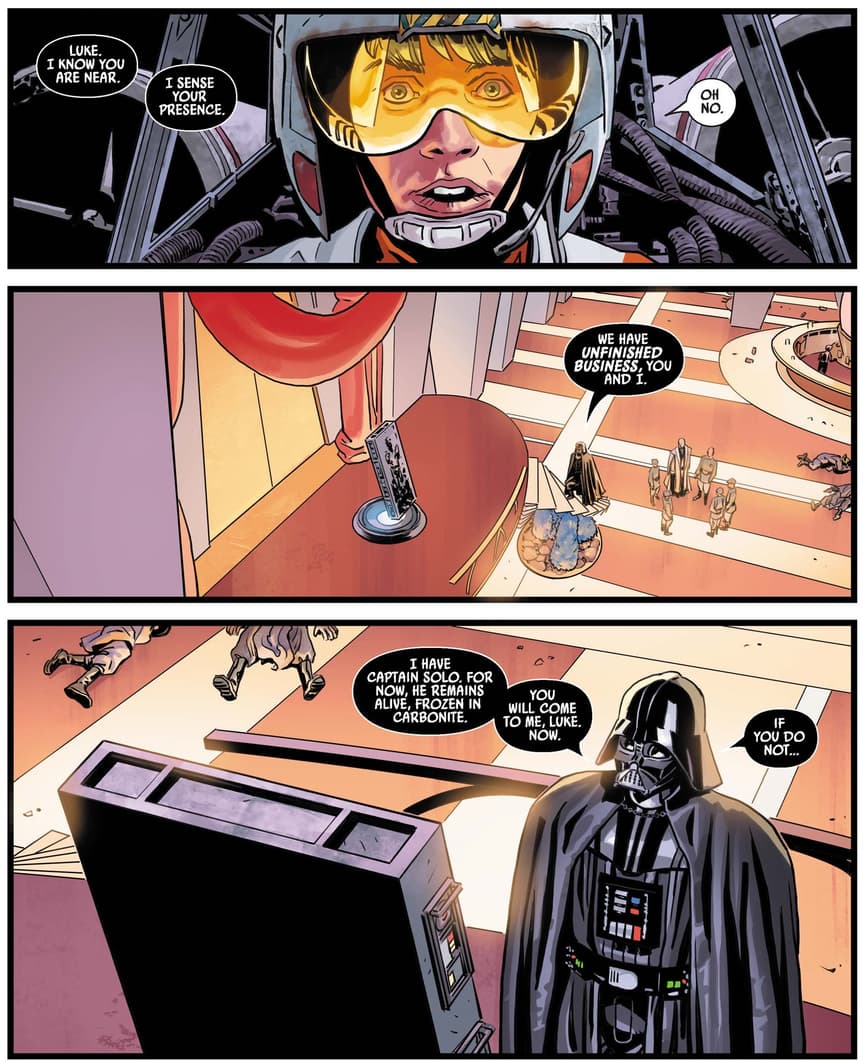 Darth Vader “barters” with Luke Skywalker for the life of Han Solo in STAR WARS: WAR OF THE BOUNTY HUNTERS (2021) #3. 
