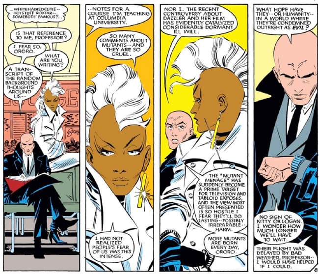 Professor Xavier and Storm wait on an airport bench in UNCANNY X-MEN (1963) #192.