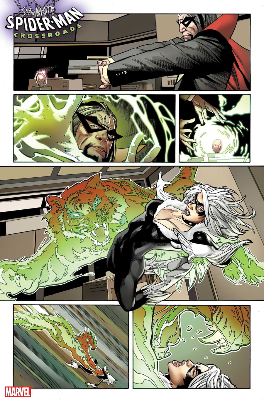 SYMBIOTE SPIDER-MAN: CROSSROADS #1 preview art by Greg Land with inks by Jay Leisten and colors by Frank D’Armata