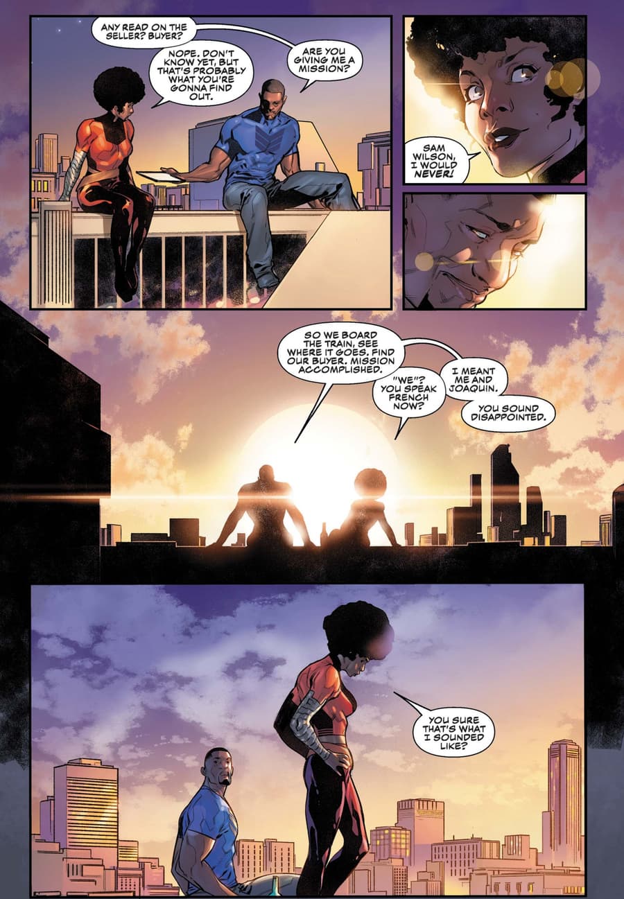 Misty Knight gives on/off boyfriend Sam Wilson a tip.